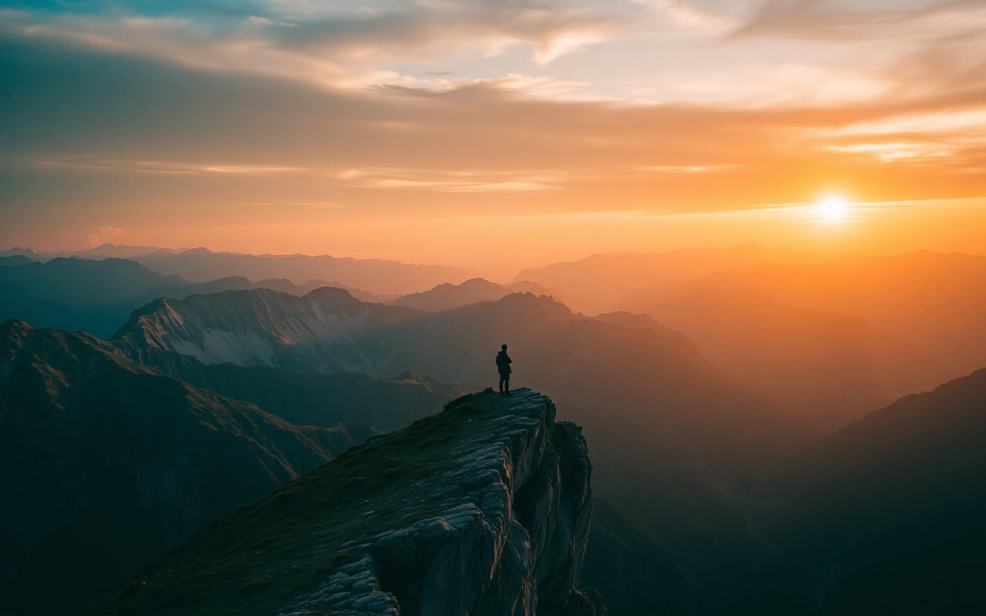Traveler on a mountain cliff at sunset