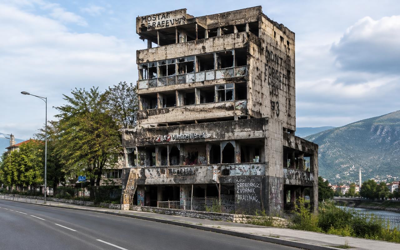 Sniper Tower and the old front line — Mostar, Bosnia and Herzegovina