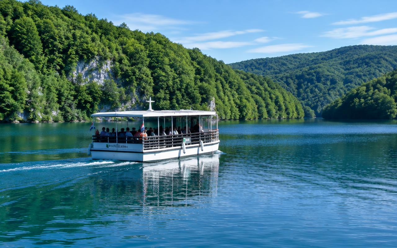 The boat across Lake Kozjak and the panoramic train — Plitvice Lakes, Croatia